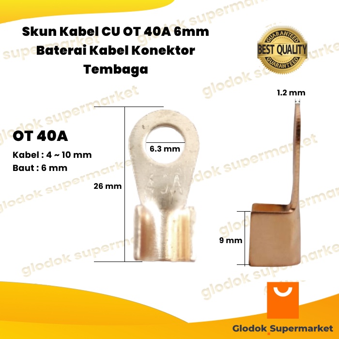 Skun Kabel CU OT 40A 6mm Baterai Kabel Konektor Tembaga