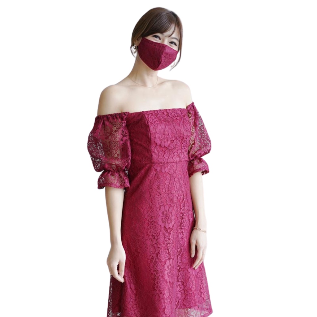 Soulmee Dress Brukat Midi Lengan Balon Dres