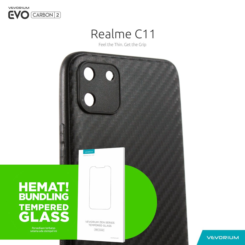 BUNDLING Tempered Glass VEVORIUM EVO CARBON Realme C11 Soft Case Anti Gores Kaca