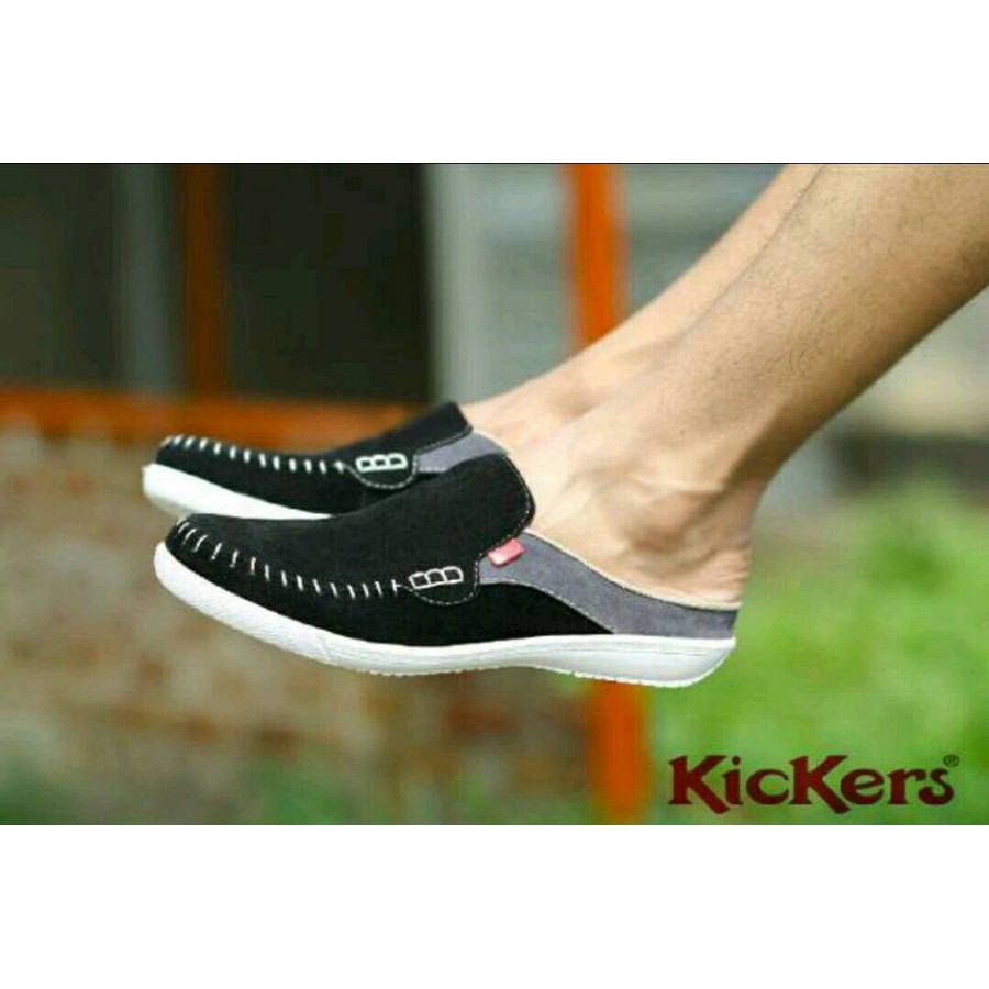 MS SHOP - COD BOS - Sepatu Selop Pria Kickers Stiching Hitam Kasual Slop Santai Bustong Outdoor