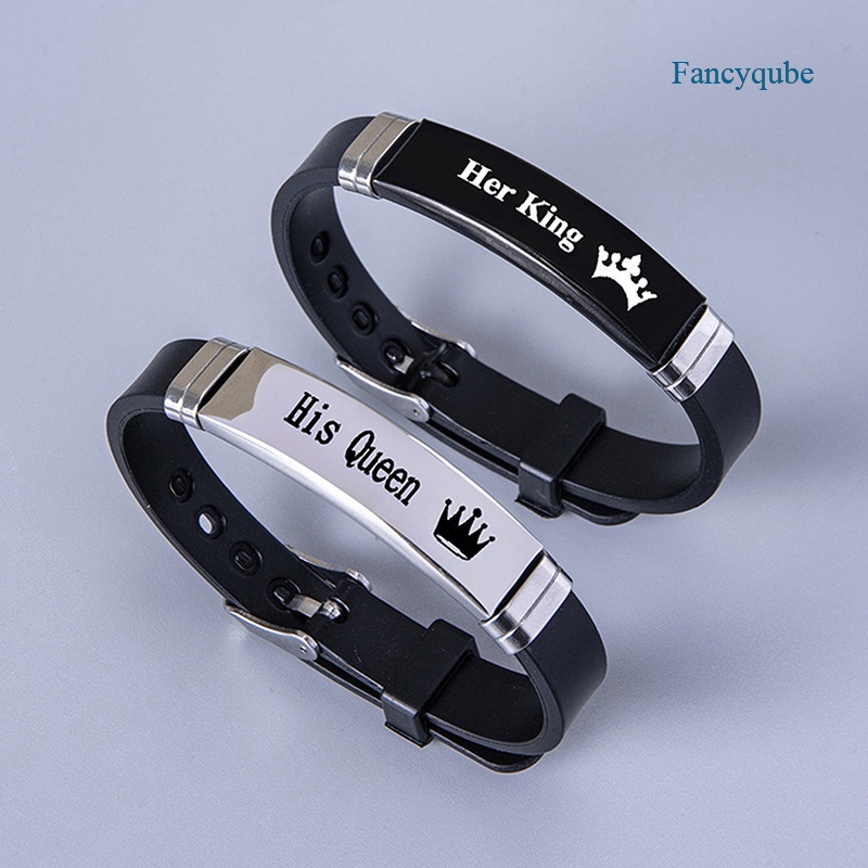 Fancyqube Gelang Pasangan Desain Mahkota Her King His Queen Bahan Silikon Untuk Unisex