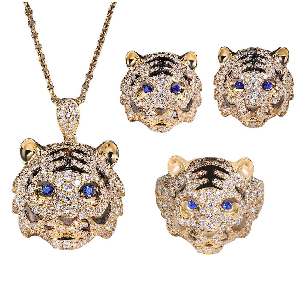 Set Anting Stud Kalung Cincin Berlian Sapphire Tiger Girl Bahan Stainless Untuk Aksesoris