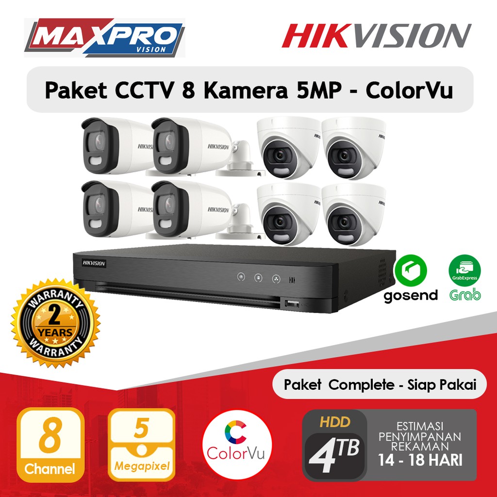 PAKET CCTV 8 CAMERA 5MP COLORVU 4 TB HDD HIKVISION