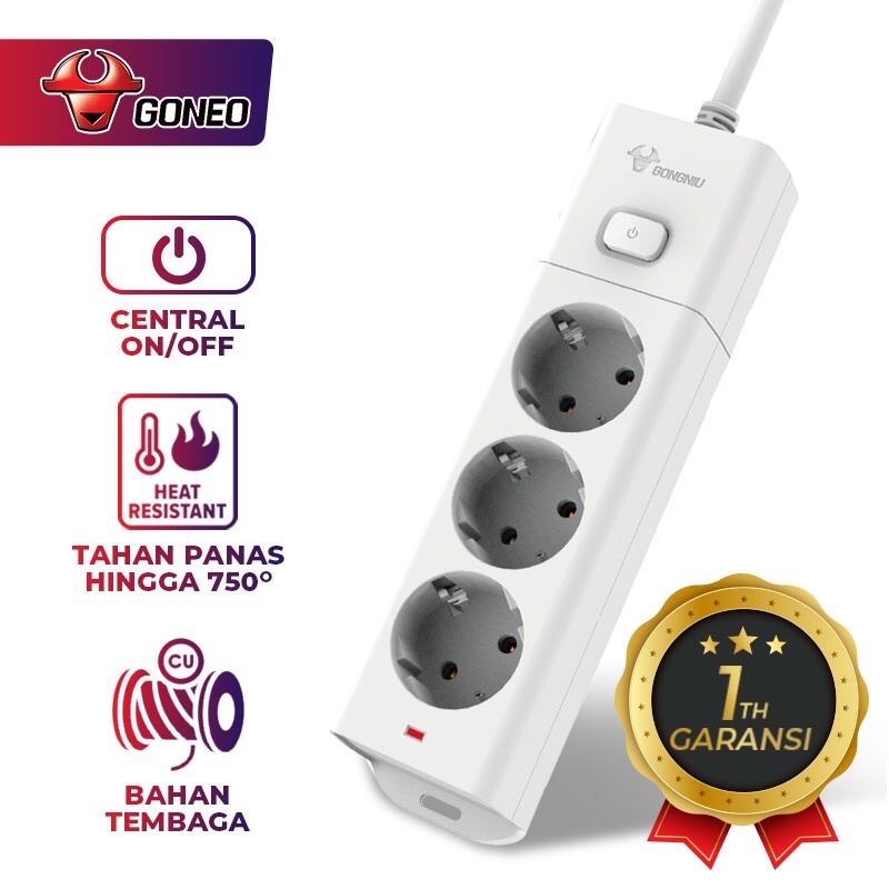 GONEO G1030 Stop Kontak Central On/Off Power Strip 3 Lubang Colokan Gongniu Tahan Panas Dengan Panjang Kabel (1.5m / 3m / 5m)  - Garansi 1 Tahun