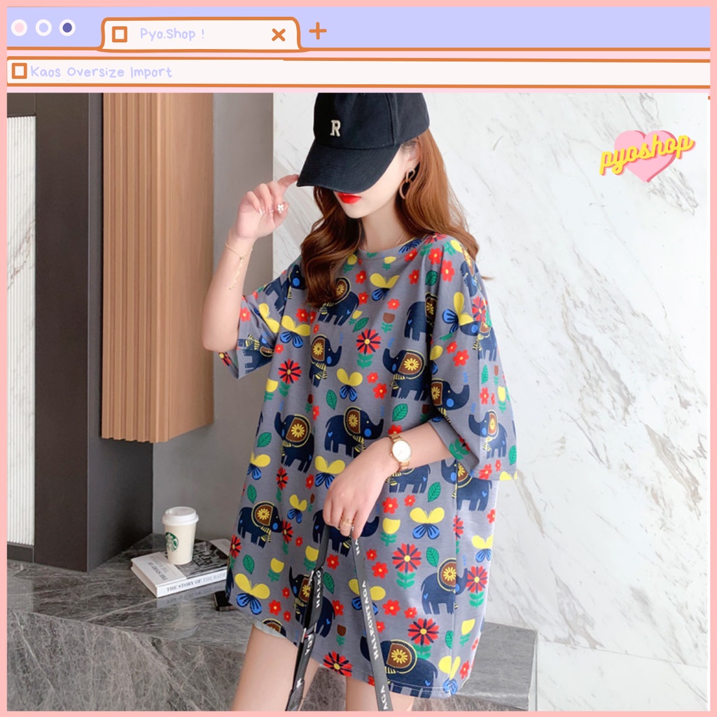 Kaos Import Longgar bigsize jumbo wanita motif elephant colourful