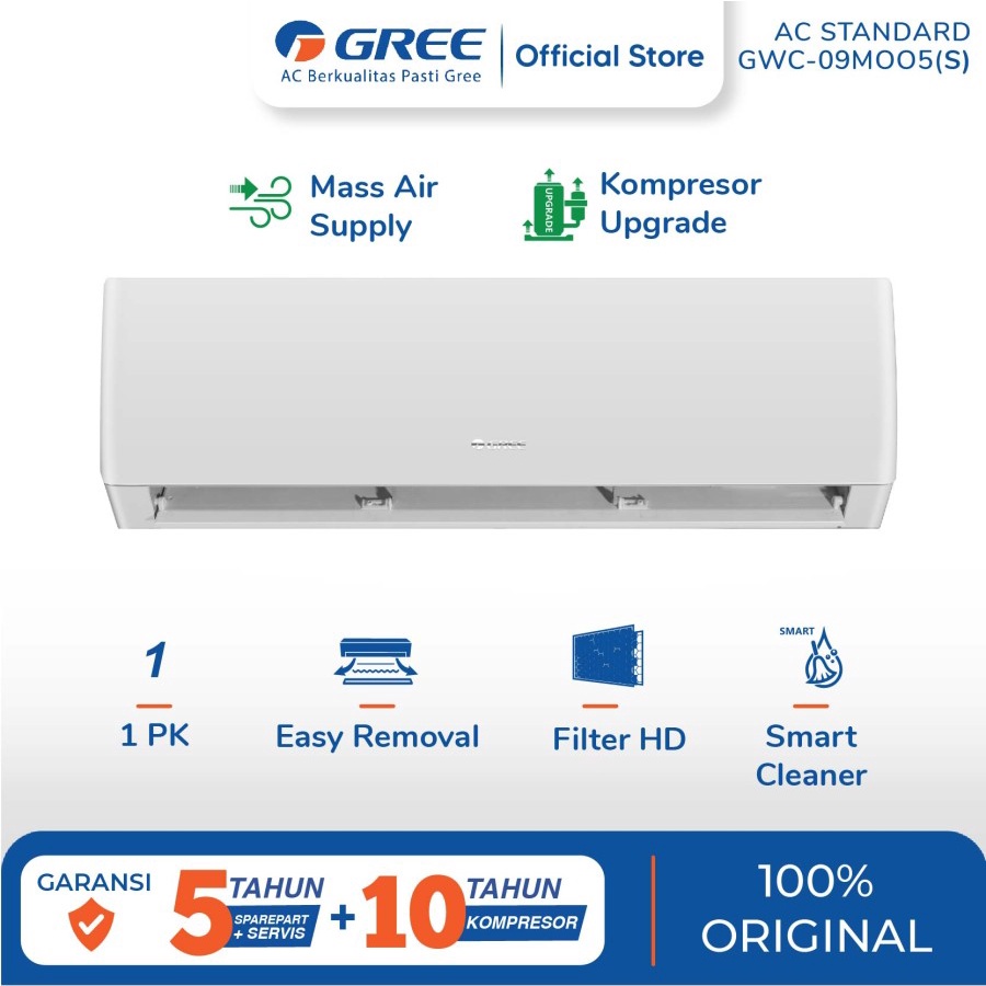 GREE AC STANDARD - AC 1 PK - GWC-09MOO5(S) / GWC09MOO5S - PUTIH (Indoor &amp; Outdoor)