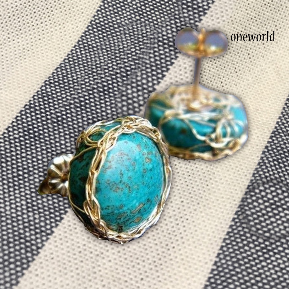 OW@ Vintage Women Round Faux Turquoise Windy Wrapped Stud Earrings Jewelry Gift