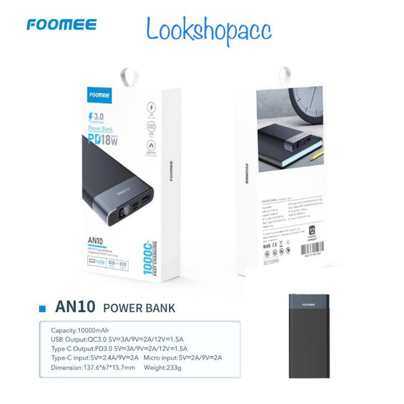 Foomee Power Bank AN10 10000mAh  3.0 Quick Charger PD18W Output