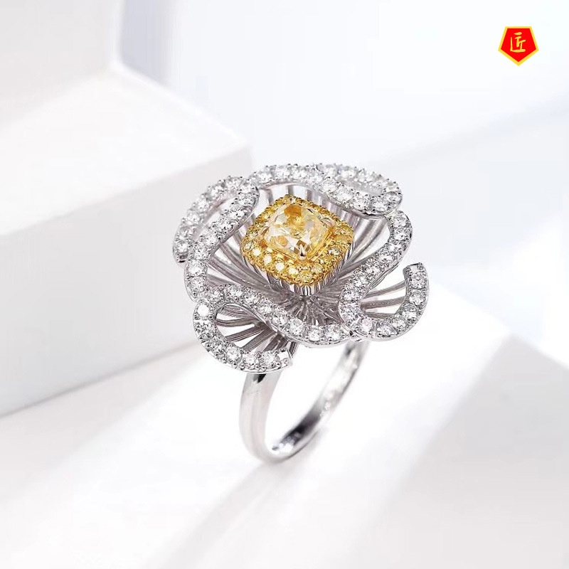 [Ready Stock]Luxury Micro-Inlaid Diamond Clover Flower Yellow Diamond Ring