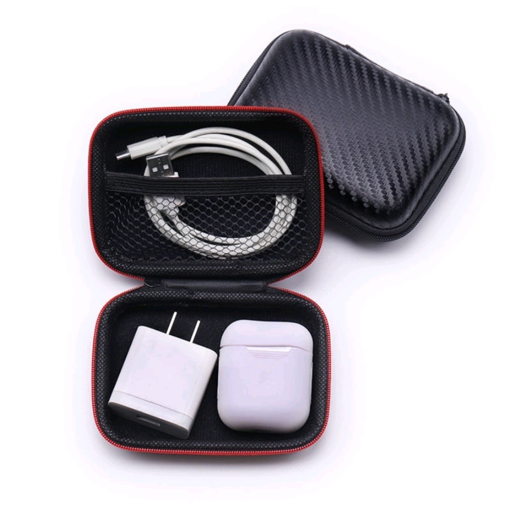 Pouch Dompet Carbon Tempat Earphone Kabel Koin Tws Charger Kunci Organizer