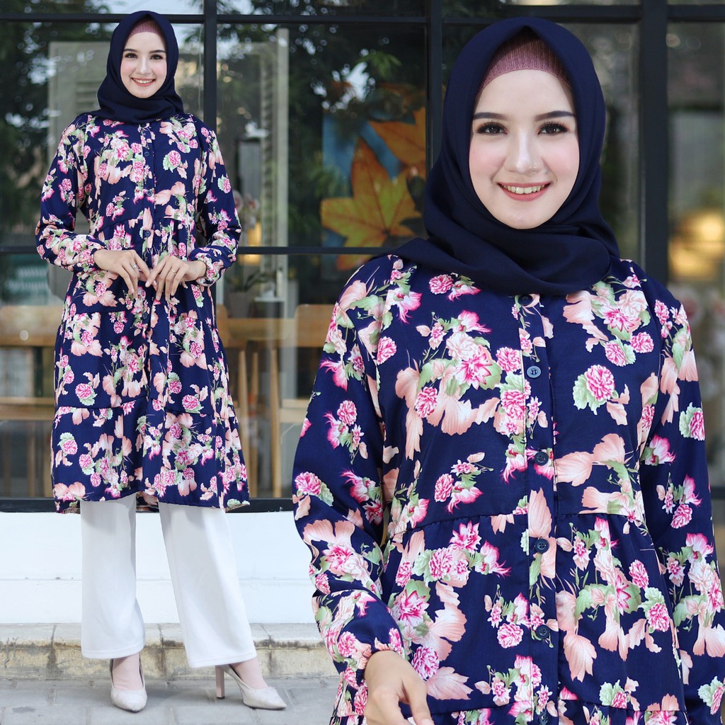 HOPYLOVY - Tunik Wanita Motif Bunga Equella