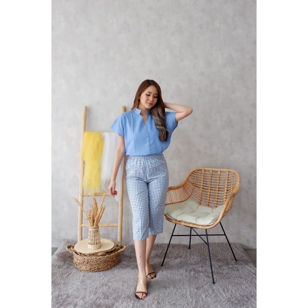 COTTONBELLS CASUAL JUMPSUIT WANITA BERDINE SQUARE PLAID V SET PANTS (JJ - JS 1758)-4