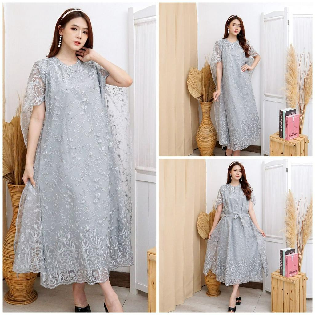 Long Dress Nagita Brukat Tille Bordir + Mutiara Gliter LongDress Batwing Brokat Premium