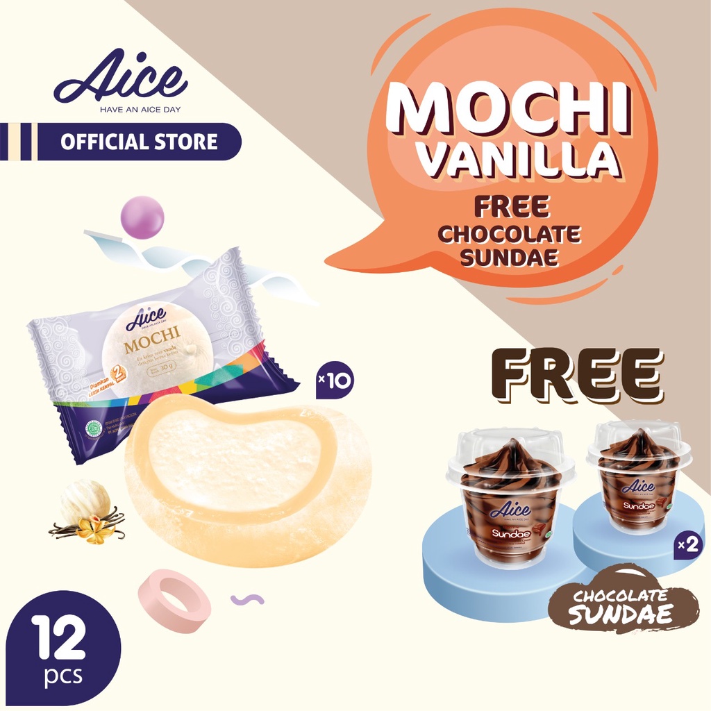 

Paket Aice Ice Cream Mochi Vanilla free Chocolate Sundae 12 pcs