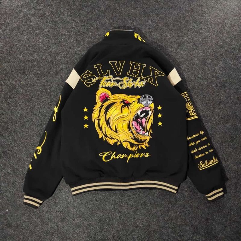 Varsity Jacket  HITAM GOLDEN BEAR  Jaket Varsity Pria Premium HITAM LEATHER Nascar