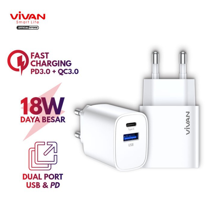 A - VIVAN Adaptor Charger Power Turbo 18 PD Dual Port Output Quick Charge&amp;VOOC Flash 3A Garansi Original