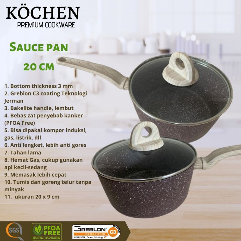 Kochen Panci Granite Greblon C3 Sauce Pan 20 cm Anti Gires Anti Lengket Handle Bakelite Tahan Panas