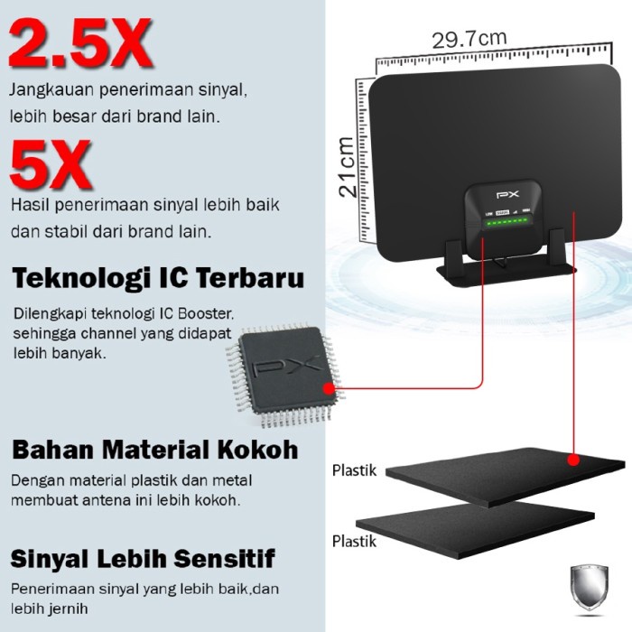 Antena TV Digital Indoor DVB-T2 + Booster LED PX UDA 7000A 7000 A