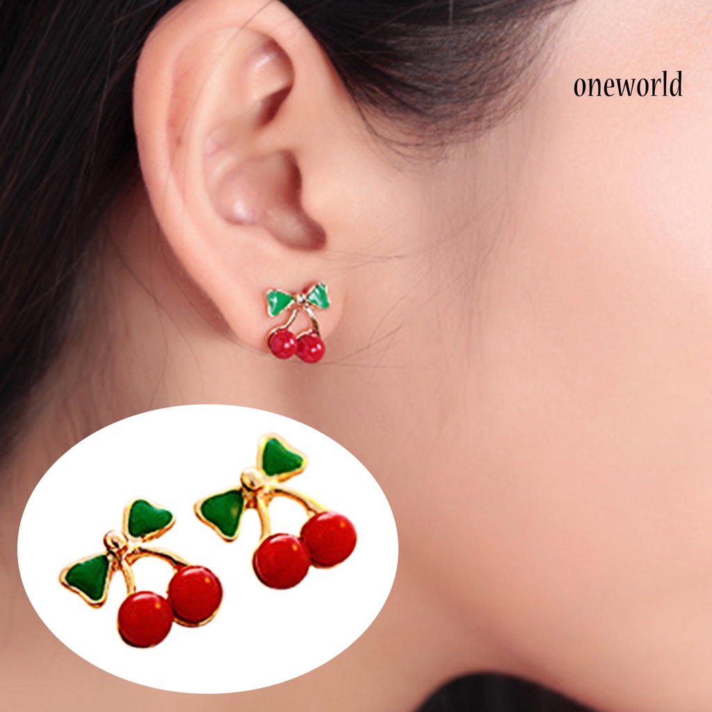 OW# 2Pcs Stud Ear Ring Colorful Decorative Golden Color Cherry Stud Earring for Dressing Room