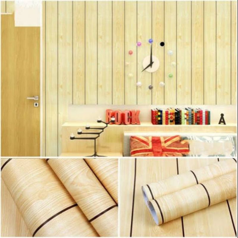 Wallpaper Dinding Sticker Dinding Kayu Krem Garis