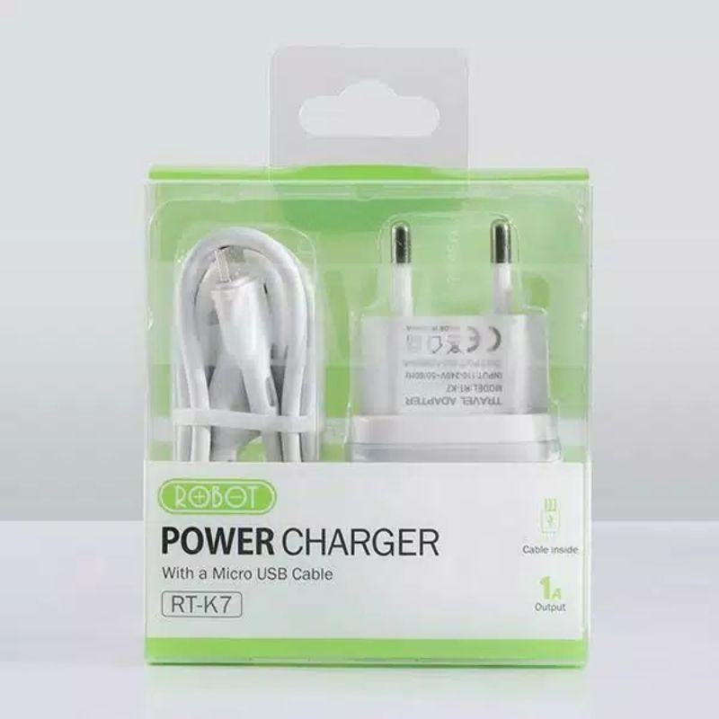 Charger ROBOT RT-K7 ORIGINAL Quick Charge +Kabel Data 1M Fireproof Charger Putih