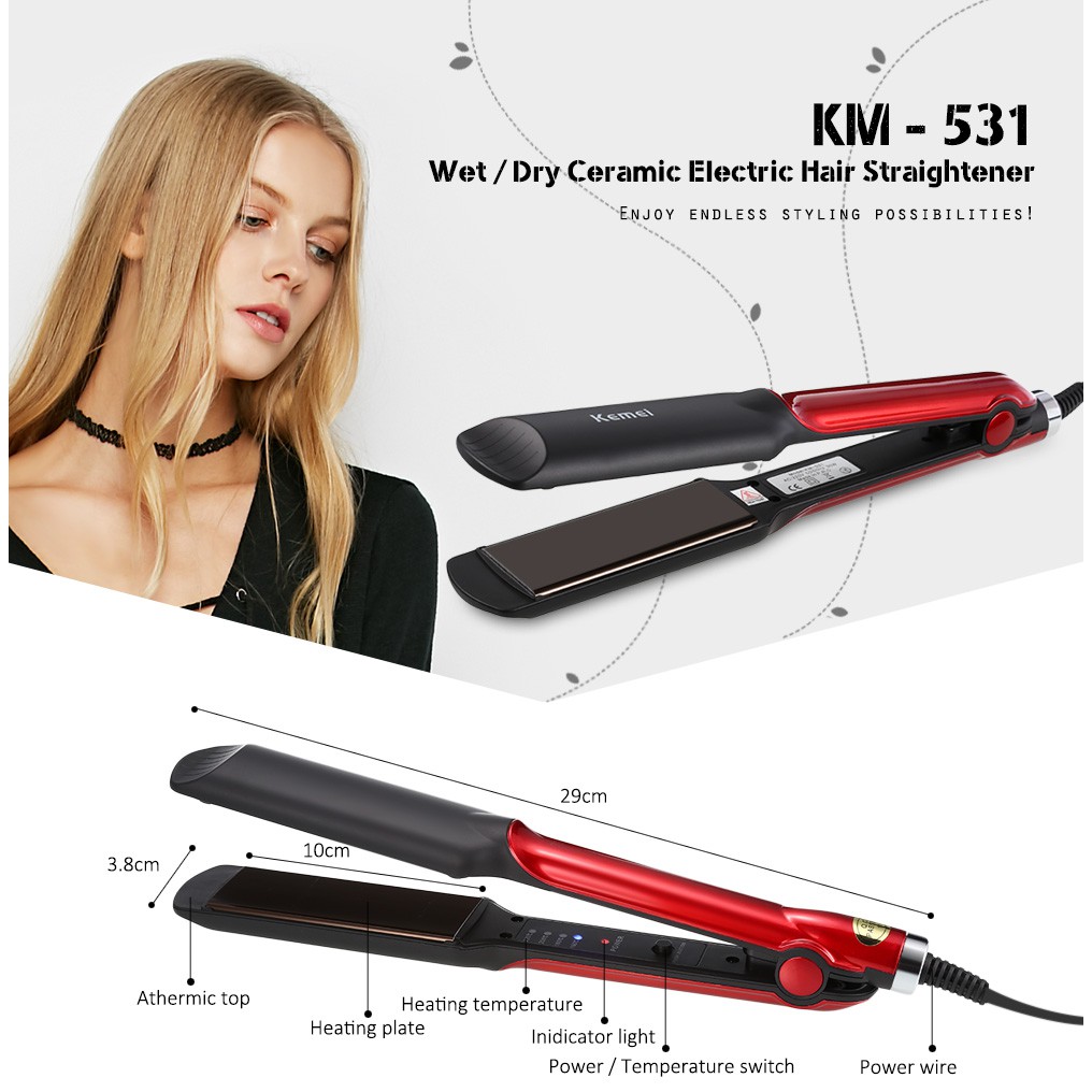 Catokan Rambut Kemei Original KM-531 Profesional Hair Straightener Ionic Red