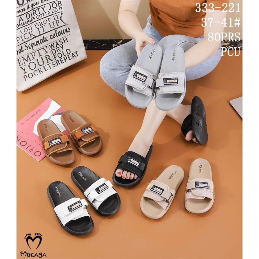 Sandal Slop Jelly Wanita Ban Kretek Motif Strap Mokaya Velcro Super Casual Cantik Kekinian Import Mokaya / Size 37-41 (333-221)