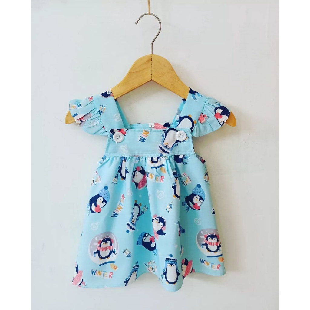 Dress Bayi Perempuan 0 6 12 18 Bulan Dress Overall Anak Bayi Murah-Biru Pinguin