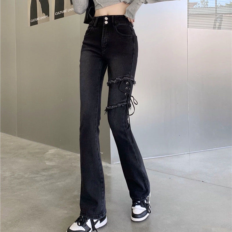 celana jeans pinggang tinggi fashion pengurangan usia denim hitam lurus celana melebar celana stretc