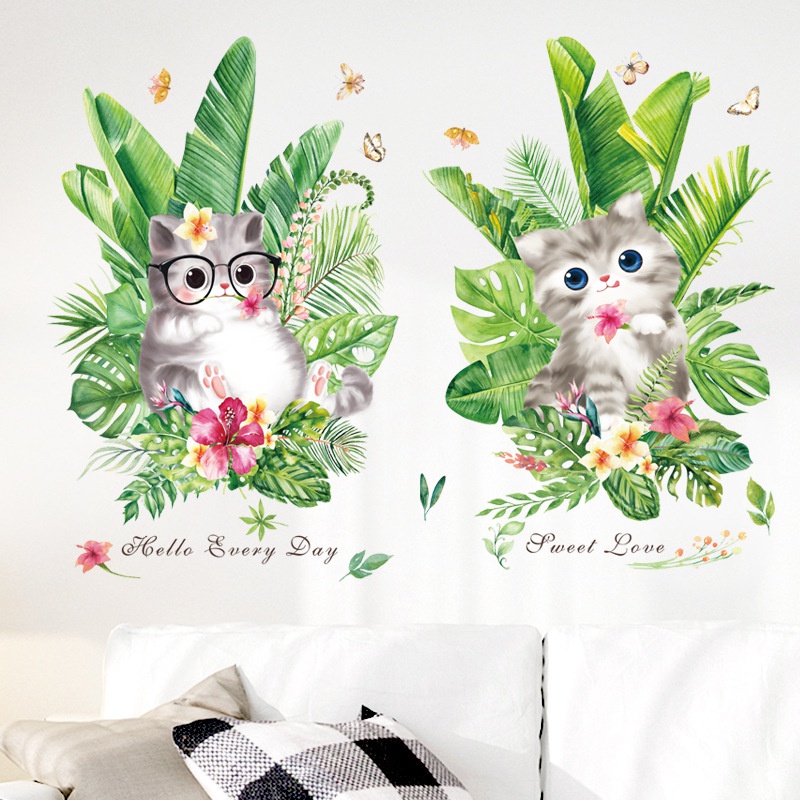 Stiker Dinding Desain Kartun Daun Hijau Kucing Untuk Dekorasi Kamar Anak