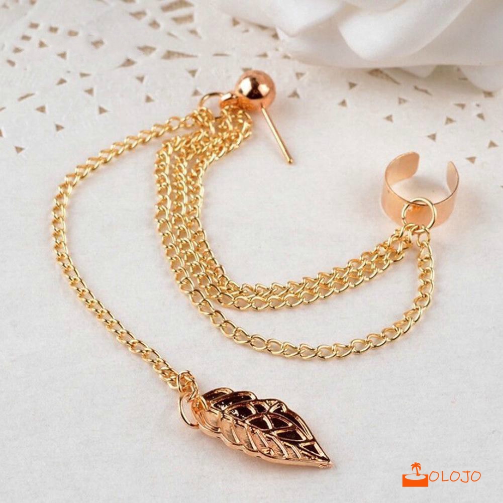 OLOJO Anting  Clip Tanpa Tindik Rantai Daun Anting Geometris Pinggiran Daun Paduan Earring