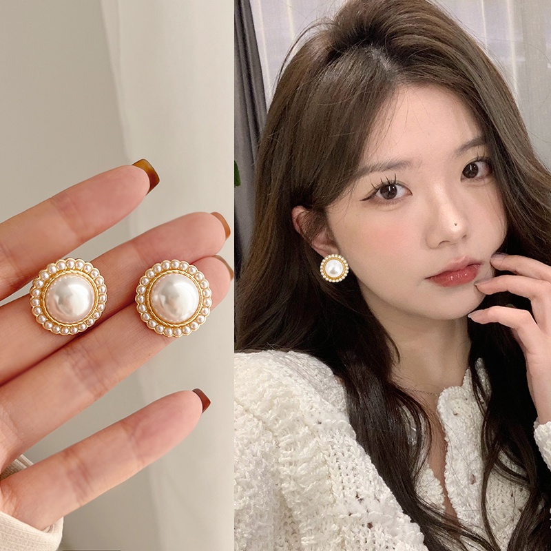 Anting Mutiara Wanita / Pearl Hoop Earrings/ Anting Tusuk/ Aksesoris Giwang Murah / Anting Mutiara Mode Retro Korean Anting Drop Bola Mutiara Dasar Anting Tindik Sederhana