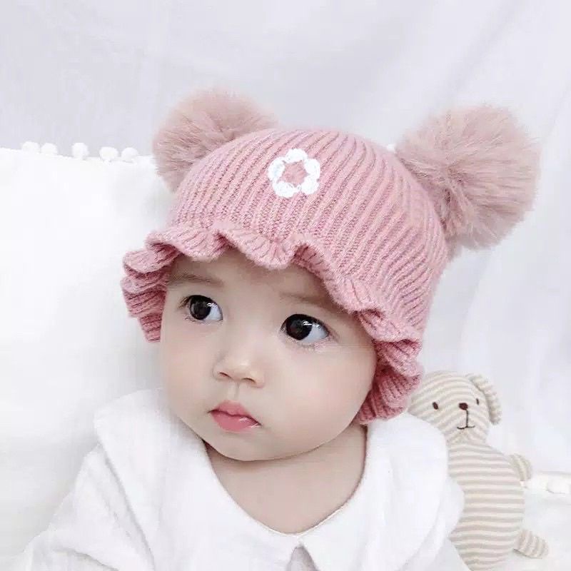 Topi Pompom Kupluk Motif Bunga - Topi Rajut Bayi Anak