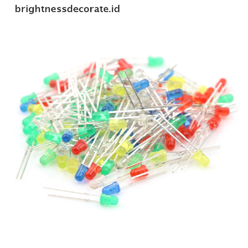 100 Pcs / Set Dioda Pemancar Cahaya Led 3mm Warna Merah Hijau Putih Biru Kuning 20ma 2 Pin