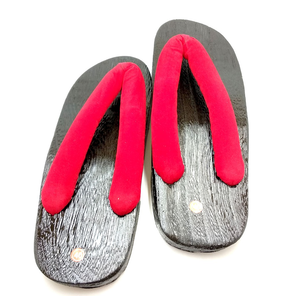 Geta Oval Hitam (Modern) : Solid Red Strap Sandal Kayu Jepang Bakiak