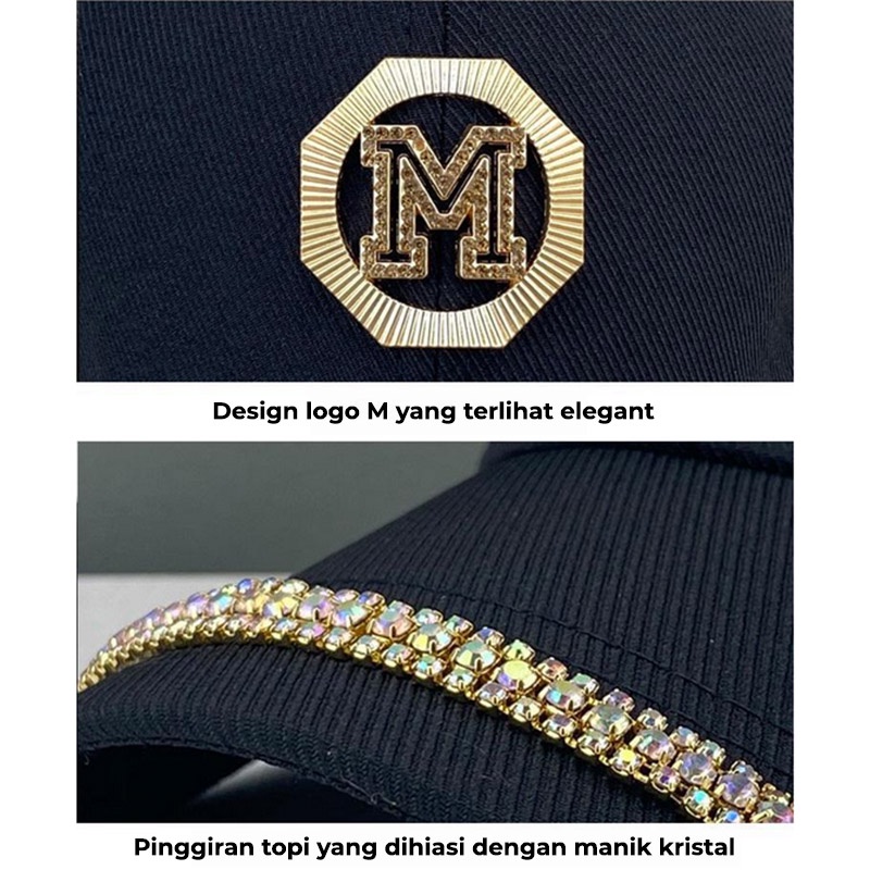 Topi Baseball Pria Wanita Manik Kristal Octagonal Huruf M Trendy Casual Cap Sporty High Quality TWE