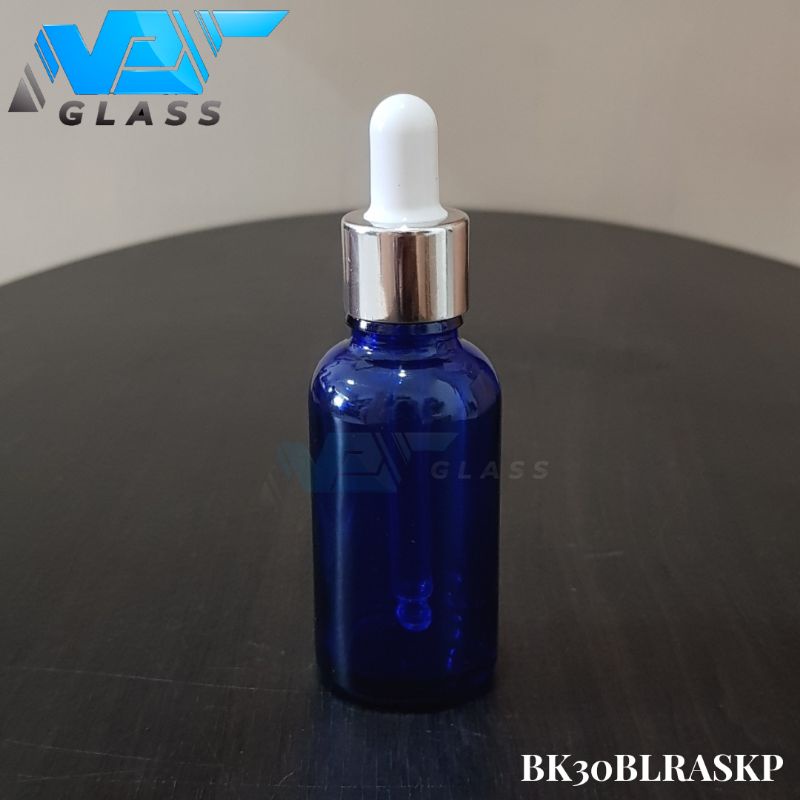 botol kaca pipet 30ml tebal biru - ring almunium silver