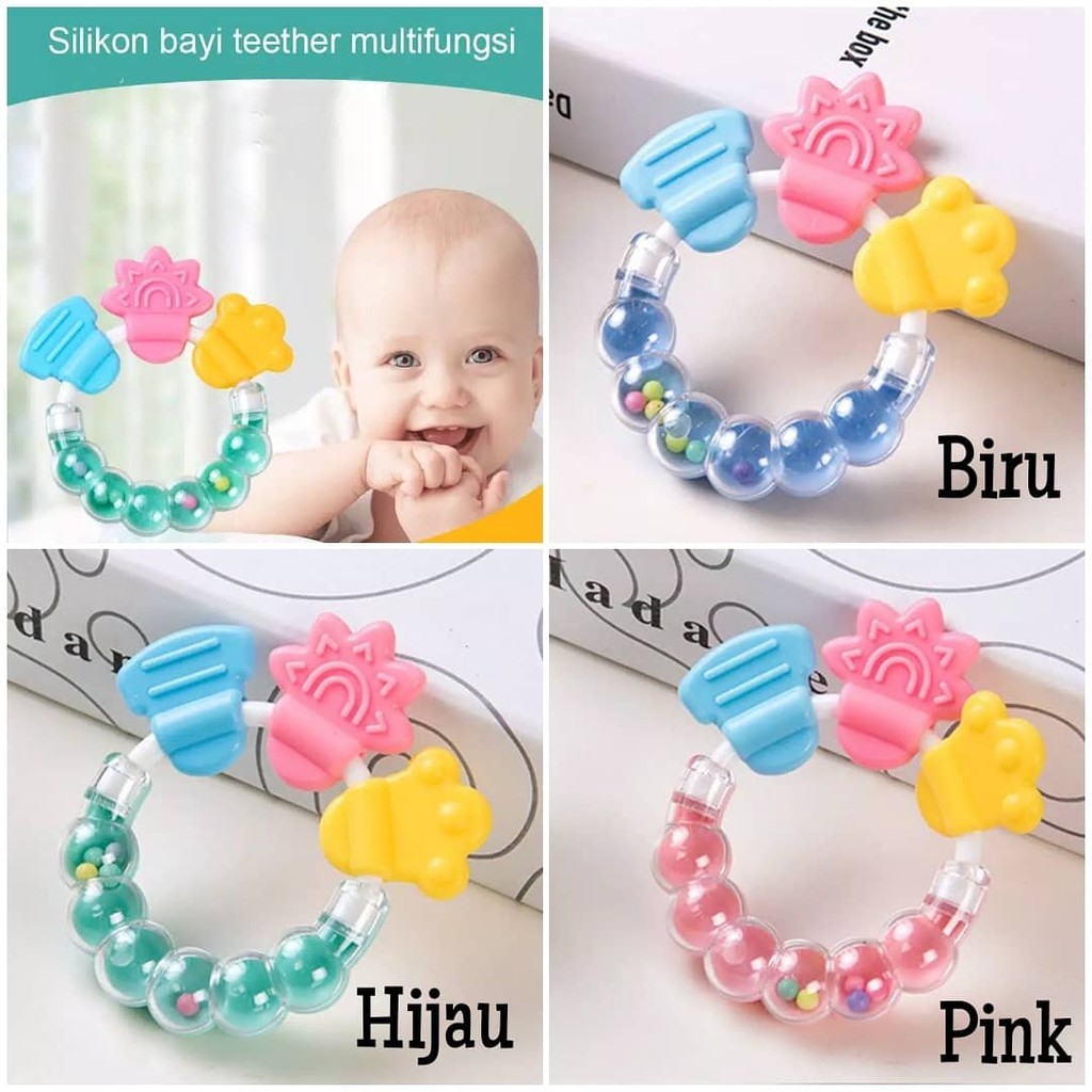 Teether gigitan Mainan Rattle genggam Bayi Plastik silicone bunyi krincing