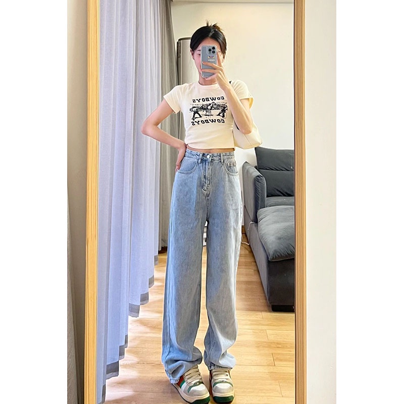 Biru high waist boyfriend korean style celana jeans panjang wanita