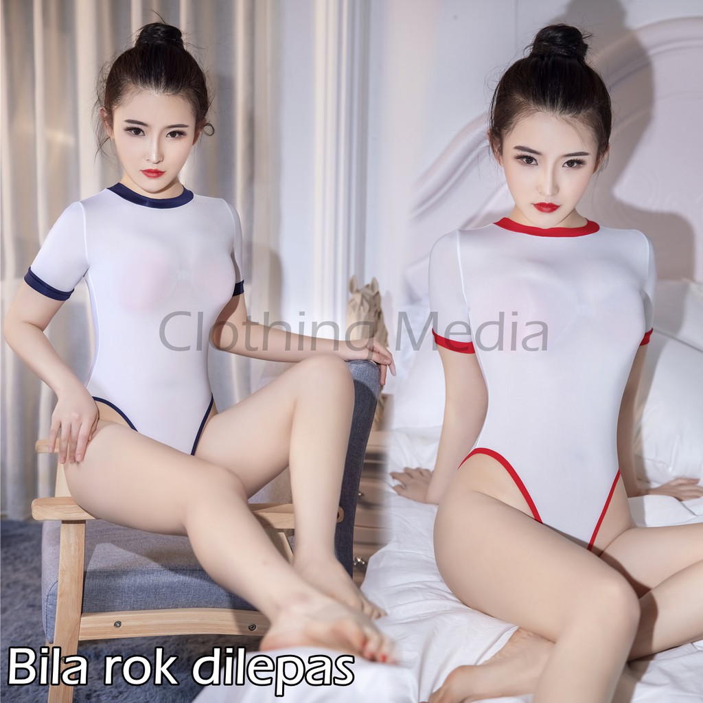 Baju Leotard Rok Set Silky Cosplay Sporty Jepang Elastis Semi Transparan