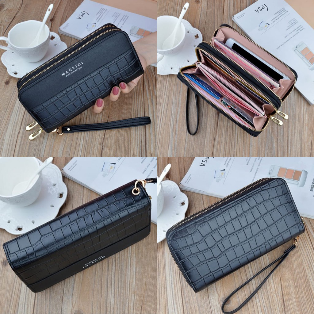 DOMPET WANITA 2 RESLETING PANJANG KULIT CROCO PREMIUM KEKINIAN HITAM BELGIAN WA332B5 PESTA KOREA TALI PENDEK KARTU REMAJA MURAH IMPORT