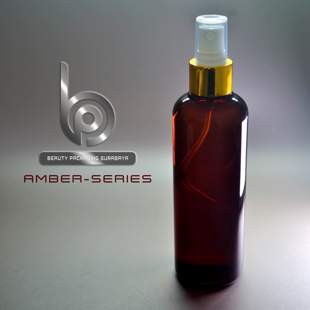 Botol Plastik PET 250ml BR Coklat Amber Tutup Spray gold
