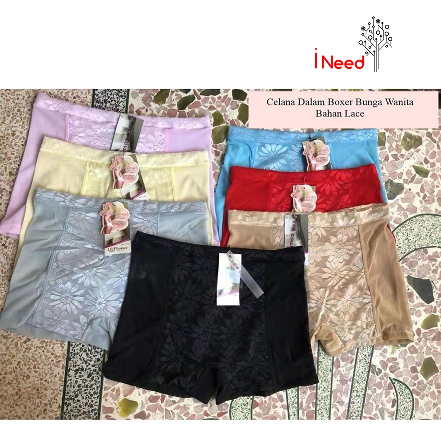 (INEED) Celana Dalam Boxer Bunga Wanita Bahan Lace