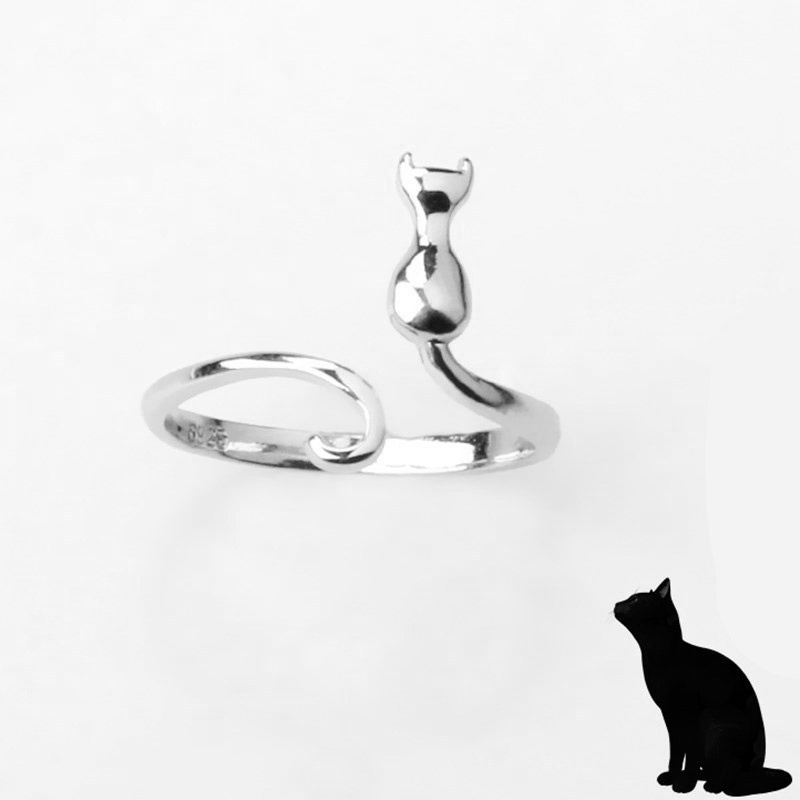 Cincin Handmade Adjustable Desain Kucing Warna Silver Untuk Wanita