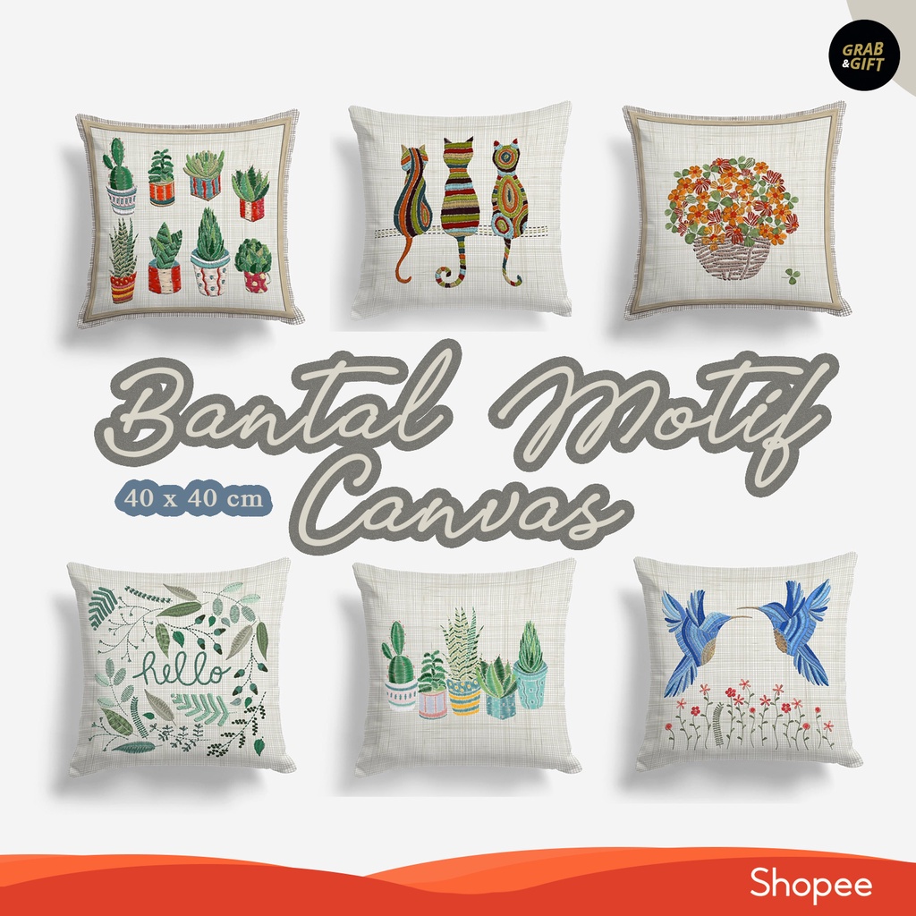 Bantal Sofa Motif Garden Canvas  40x40 cm - Bahan Katun Floral Kucing Bird Hello