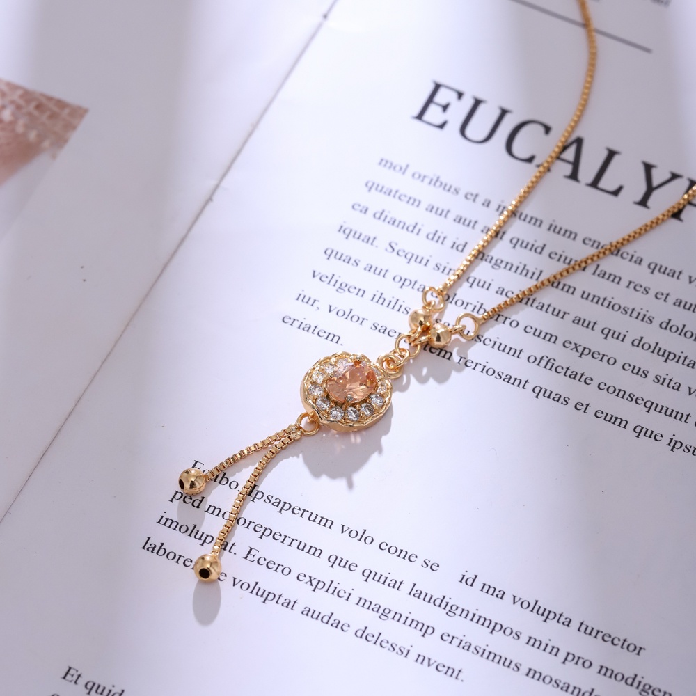 Kalung Titanium Wanita Anti Karat Emas Rumbai Permata Safir Liontin Aksesoris Fashion Perhiasan D508