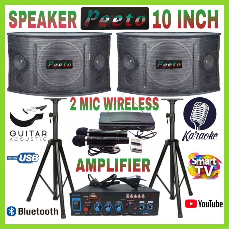 Paket Speaker PEETO 10 Inch 2 Mic Wireless Ampli Karaoke Smart Tv Youtube