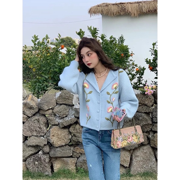 Blue Flower Knit Cardi / Baju Rajut Cardigan Wanita Import