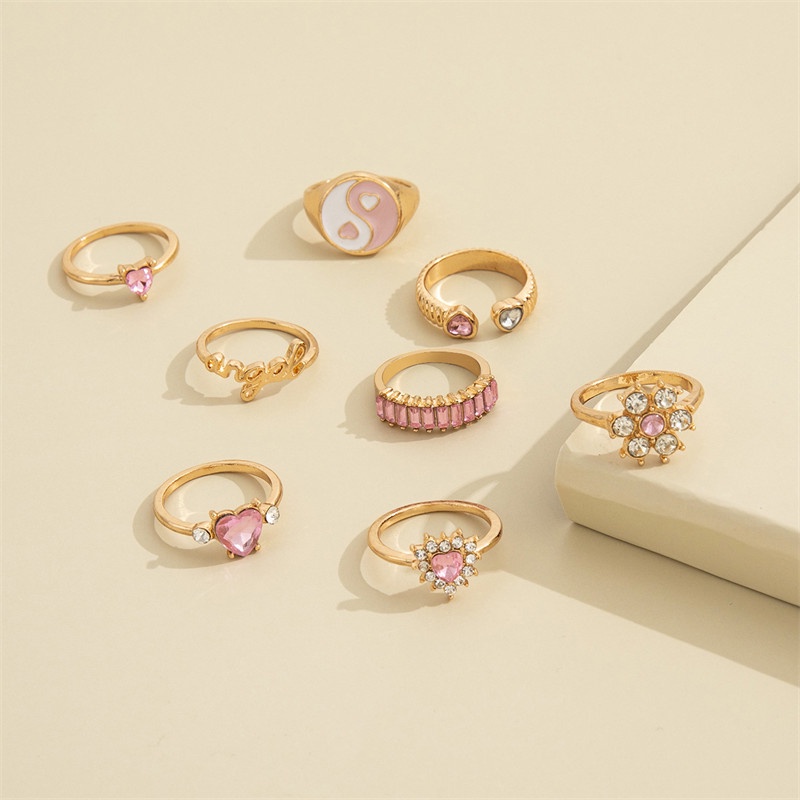 8pcs / Set Cincin Desain Bunga Tulisan Love Aksen Berlian Penuh Warna Pink Untuk Wanita