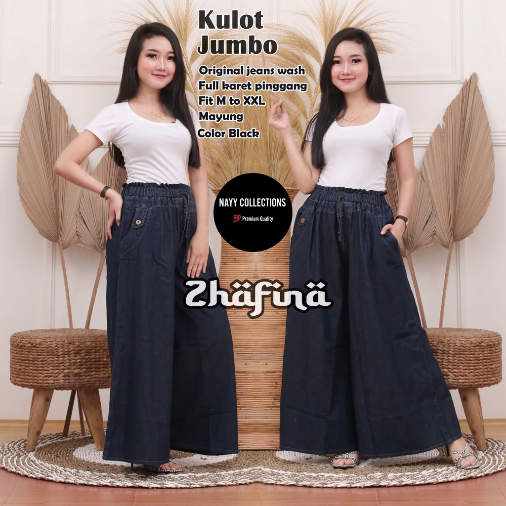 Celana Panjang Kulot Jeans Jens Levis Jumbo Wanita Hight Waist Big Size Pinggang Karet Kekinian Terbaru Lp 70-120 P 95 Allsize-Black